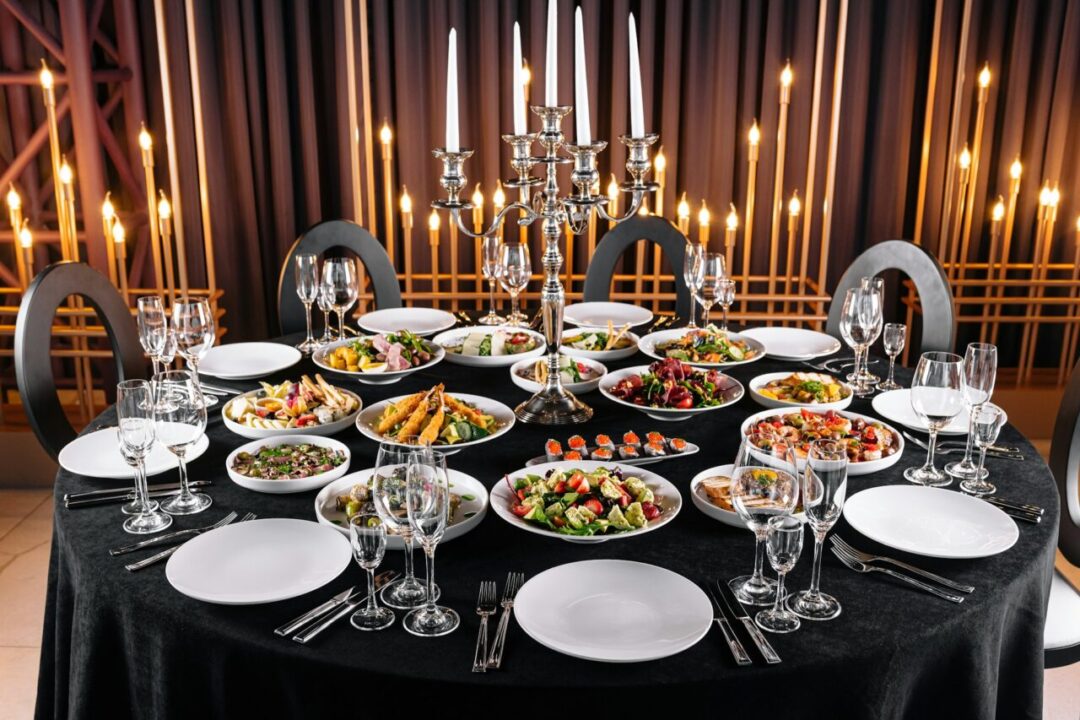 Elegant dining table set for gourmet banquet