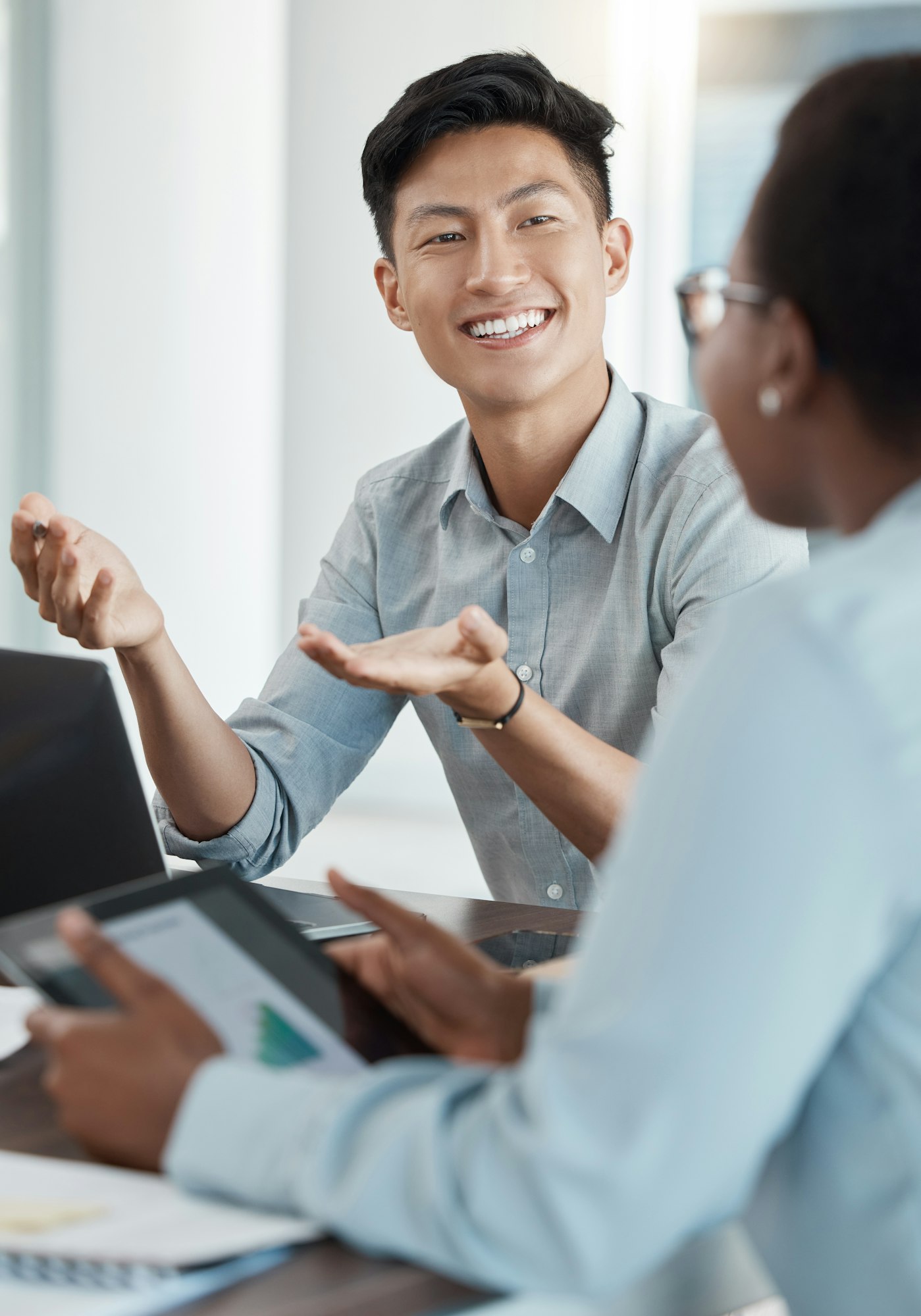 Asian businessman, hand gesture or talking in teamwork meeting, digital marketing collaboration or