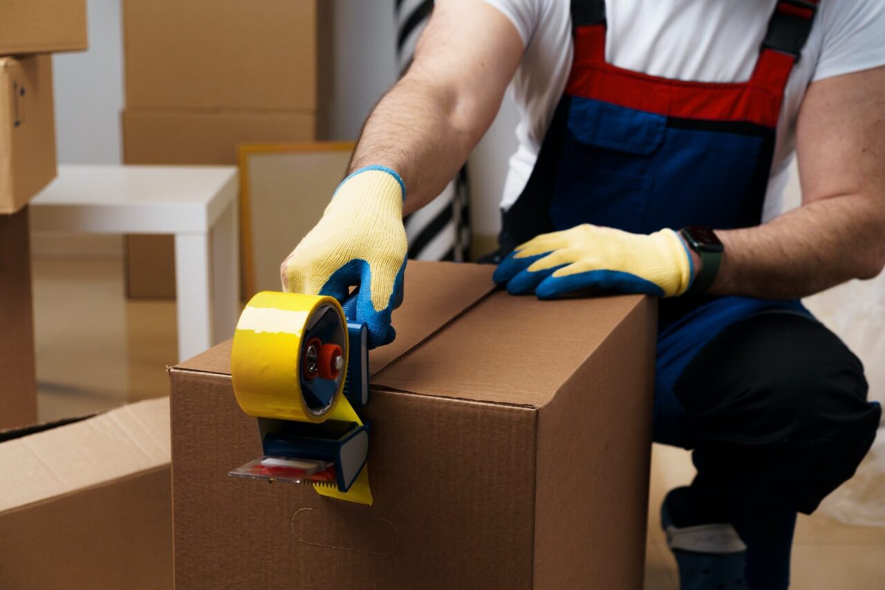 Man mover in uniform packing boxes with scotch tape