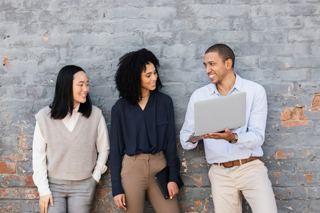 Job interview, team building or startup people with laptop for digital agency recruitment, business