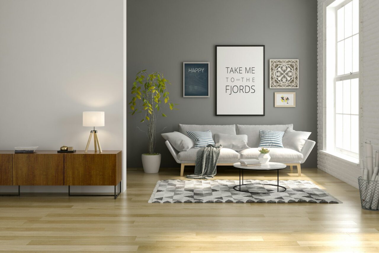 Interior of modern living room with sofa and furniture 3D rendering