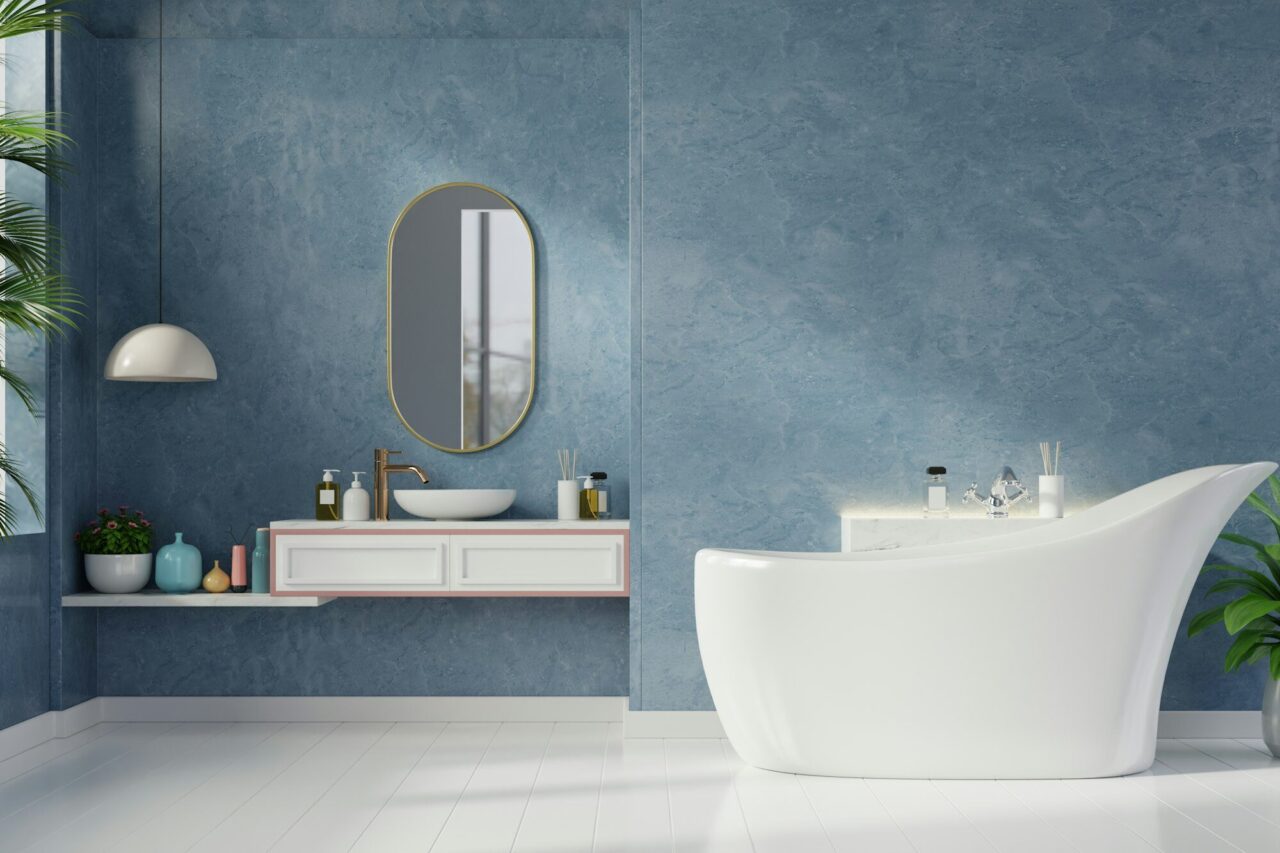 Modern Bathroom interior design on dark blue wall.