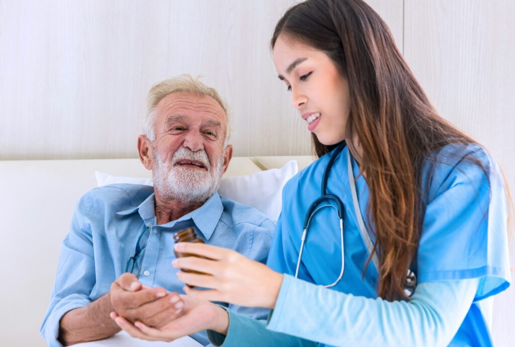 Caregiver nurse take care a Senior patient. Nurse helping senior Man