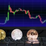 Bitcoin digital currency on computer keyboard with blurred chart stock market trading in monitor