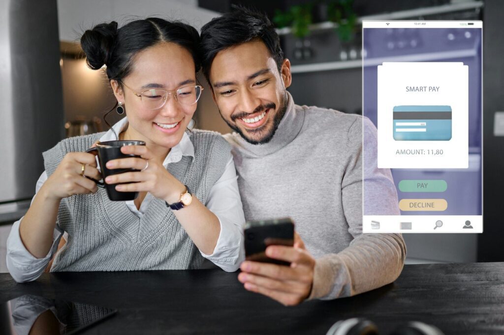 Credit card hologram, online shopping or couple with phone for bill payment, internet purchase or e