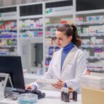 Portrait of young pharmacist selling medication in pharmacy.
